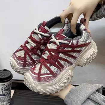 Fashion 2024 Mixed Color Stitched Fashion Sneakers Spring Autumn Mesh Women s Shoes Durian Sole Lace Up Women s Vulcanized Shoes 35 вино красного