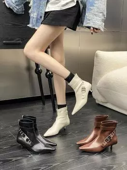 fashion 2024 New Arrivals Fashion Women Ankle Boots Pointed Toe Belt Buckle Thin Mid Heels Black Brown Beige Back Zipper Short Boots 40 225 бежевый