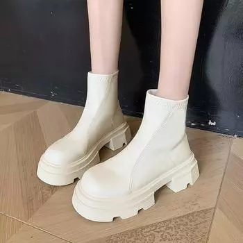 Fashion 2024 New Autumn and Winter Women s Fashionable Warm Solid Color Mid-calf Boots 35 бежевый