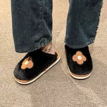 fashion 2024 New Autumn and Winter Women s Casual Solid Color Plush Flower Pattern Cotton Slippers 36-37 бежевый