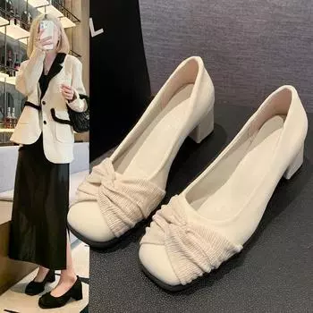 Fashion 2024 New Autumn Fashion French Women s Thick Heel Square Toe Slip-On Ribbon Bow Decorated Women s Solid Color Elegant High Heels 35 хаки