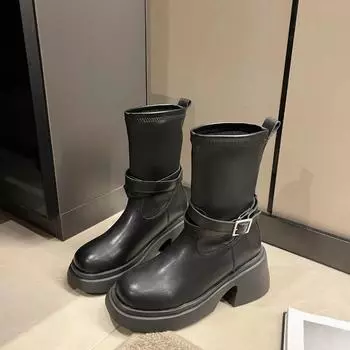 Fashion 2024 New Autumn Solid Color High-top Leather Boots Wedge-heeled Short Boots Women s Winter Warm Boots Thick-soled Sports Shoes 35 чёрный