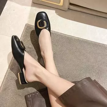 Мода 2024 Новая осенняя женская мода с квадратным носком и квадратным кольцом на толстом каблуке Элегантные туфли 35 бежевый