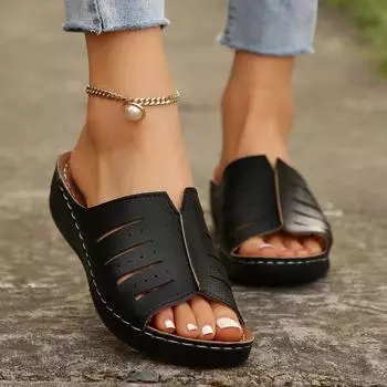 fashion 2024 New Autumn Women s Fashionable and Casual Hollow Solid Color Flat Sandals 36 чёрный