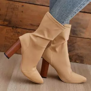 Мода 2024 года, новые осенние женские ретро-модные теплые однотонные сапоги с острым носком до середины голени 35 абрикосовый