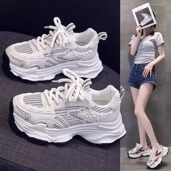 Мода 2024 года, новые осенние женские туфли с дышащей сетчатой поверхностью, одинарные туфли с толстой подошвой, легкие кроссовки для бега и отдыха 35 бежевый