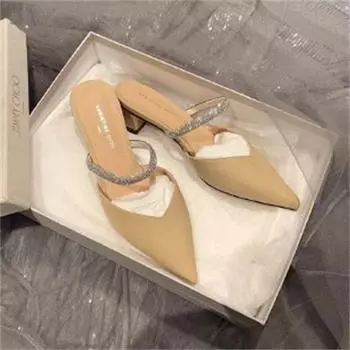 Мода 2024 года, новые туфли на высоком каблуке Baotou с острым носком, женские туфли на толстом каблуке Muller, модные туфли со стразами без застежек в стиле феи, сексуальные женские туфли-лодочки 42 абрикосовый