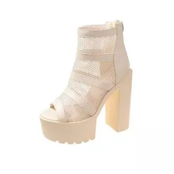 Fashion 2024 New Black 14CM High Heels Sandals Gothic Peep Toe ZIpper Ankle Boots Women Breathable Mesh Summer Waterproof Platform Boot 34 бежевый