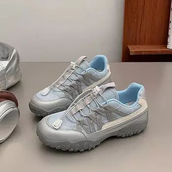 Fashion 2024 New Breathable Mesh Drawstring Shoes Sports Shoes Mixed Color Versatile Casual Training Shoes Round Toe Thick-soled 35 синий