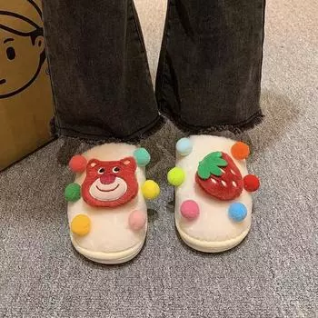Fashion 2024 New Cartoon Plush Slippers Women s Indoor Home Couples Round Head Suede Plush Warm Soft Bottom Non Slip Baotou Slippers 36-37 розовый