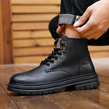 Fashion 2024 New Casual Shoes Men Casual Ankle Boots Outdoor Walking Round Toe Boots Men Genuine Leather Motorcycle Boots Plus Size 45 38 чёрный