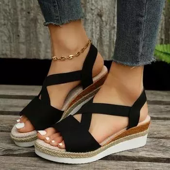 Fashion 2024 New Casual Women Summer Wedges Sandals Comfy Peep Toe Snake Print Women Beach Sandals Female Sandalias Mujer Verano 36 чёрный