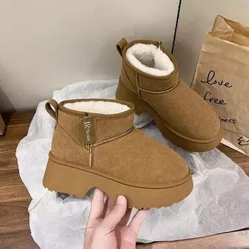 fashion 2024 New Classic Thickened Fluff Women s Snow Boots Leather Warm Ankle Boots Women Winter Ladies Shoes Chunky Platform Shoes 35 бежевый