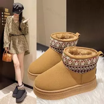 Fashion 2024 New Classic Thickened Fluff Women s Snow Boots Fashion Ethnic Style Warm Ankle Boots Women Winter Ladies Chunky Booties 36 коричневый