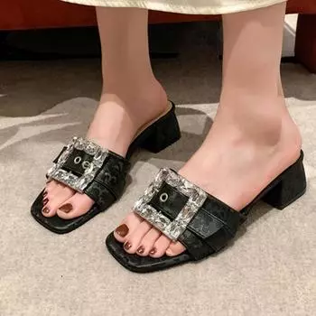 Fashion 2024 New Design Women Rhinestone Leaf Slippers,Strange Heel Summer Shoes Slides,Peep Toe,White,Black,Dropship 35 чёрный