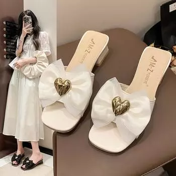 Fashion 2024 New Fashion Bowknot Women s Slippers Summer Women Slippers Indoor Outdoor Flip Flops Beach Shoe Home Non-slip Slippers 35 бежевый