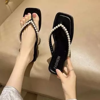 fashion 2024 New Fashion Hot Selling Women s Slippers Flip-Toe Wear Beaded Decoration Solid Color Comfortable Versatile Casual Zapatos 35 чёрный