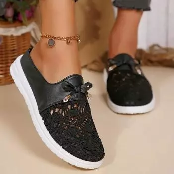 Fashion 2024 New Fashion Low-top Slippers Women s Summer Bow Slippers Loafers Versatile Temperament Women s Shoes Zapatos Mujer 36 чёрный