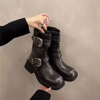 Fashion 2024 New Fashion Slip-on Double Buckle Women s Shoes Solid Color Outdoors Wear Resistant Female Shoes Round Head Ladies Boots 35 чёрный