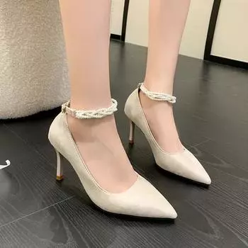 Fashion 2024 New Fashion Solid Color Pointed Toe Buckle Stiletto High Heels Women s Spring Slip-on Versatile Young Fashion Trend 34 бежевый