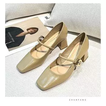 fashion 2024 New Fashion Solid Color Women s Strap Heel Single Shoes Square Heel Versatile Professional Women s Shoes Zapatos De Mujer 34 бежевый