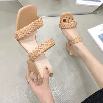 Fashion 2024 New Fashion Summer Women Sandals Ladies Shallow Mouth Colorblock High Thick Shoes Middle Heel Ladies Slippers Plus Size 34 хаки
