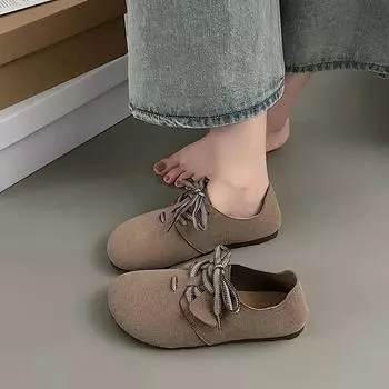 Fashion 2024 New Fashion Versatile Women s Shoes Lace-up Round Toe Comfortable Shallow Mouth Flat Bottom Casual Outer Wear Women s Shoes 35 хаки