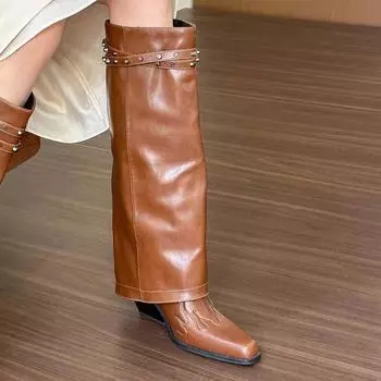Fashion 2024 New Fashion Women s Pointed Toe Embroidered Rivet Western Cowboy Boots New Belt Buckle Low Heel Long Women s High Boots 35 чёрный