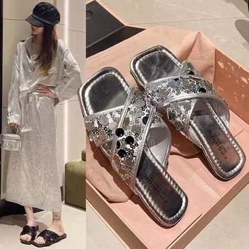 Fashion 2024 New Fashion Women s Summer Bling Bling Flat Slippers Beach Sandal Open Toe Female Sexy Slides Shoes 35 серебряный