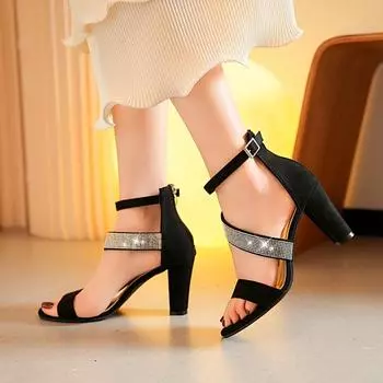 Fashion 2024 New Fashionable High Heel Sandals Plush Water Diamond Rear Zipper Sandals 35 чёрный