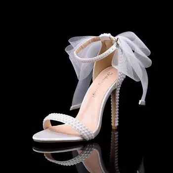 Fashion 2024 New Fish Mouth High Heels Luxury Shallow Mouth Water Diamond Pearl Women s Casual Single Shoes Wedding Bride Shoes 35 белый