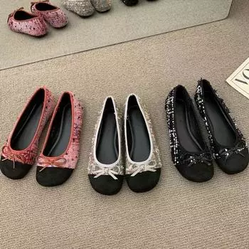 fashion 2024 New Flat-soled Knitted Series Women s Fashionable Bow Color Simple Versatile Casual Shoes 35 чёрный