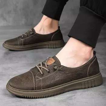 Fashion 2024 New Genuine Leather Casual Vulcanized Shoes Men British Lace-up Oxford Shoes Flat Designer Classic Business Dress Shoes 36 бежевый