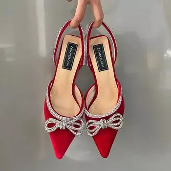 Мода 2024 года, новые туфли на высоком каблуке для женщин, модные туфли-лодочки со стразами и бантом, сексуальные женские босоножки на шпильках, офисные туфли с острым носком для вечеринок 37 красный