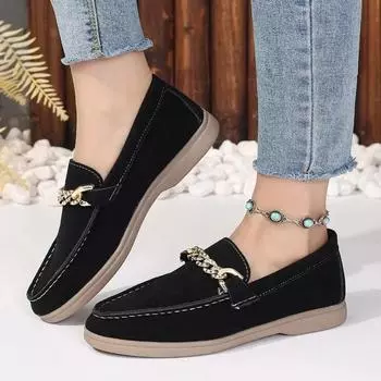 Fashion 2024 New High Quality Women s Shoes Fashionable Solid Color Slip-On Mid-Toe Women s Flat Shoes Beaded Square Toe Flat Loafers 35 чёрный