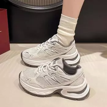 fashion 2024 New Hot Selling Color Matching Fashion Casual Vulcanized Shoes Mesh Lace Up Breathable Low Top Women s Sports Shoes 35 бежевый