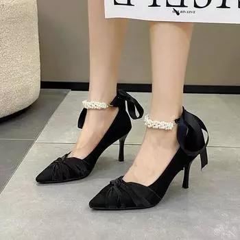 Fashion 2024 New Hot Selling Elegant Style French High Heels Autumn New Pointed Toe Stiletto One-piece Strap Beaded High Heels Summer 34 бежевый