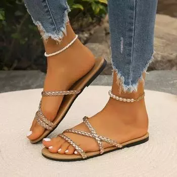 Fashion 2024 New Hot Selling Fashion Women s Slippers Summer Champagne Gold Women s Flat Shoes Metal Chain Rubber Women s Slippers 35 шампанского