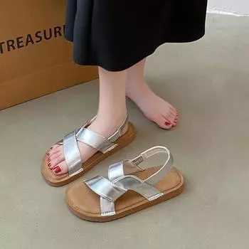 fashion 2024 New Hot Selling Fashion Women s Sandals Versatile Solid Color Flat Bottom Women s Sandals Open Toe Women s Shoes Zapatos 35 бежевый