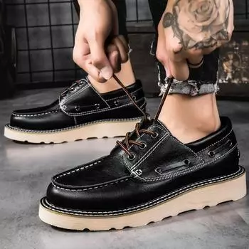 Fashion 2024 New Italian Genuine Leather Shoes Men Formal Dress Thick Bottom Mens Casual Shoes Lace-up Black British Business Work Shoes 38 чёрный