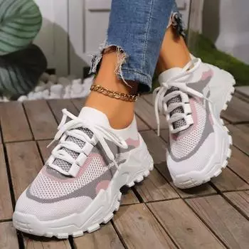 Мода 2024 года, новые повседневные дышащие спортивные туфли из трикотажной сетки, корейская версия, толстая подошва, дышащие, легкие, спортивные туфли для бега 35 бежевый