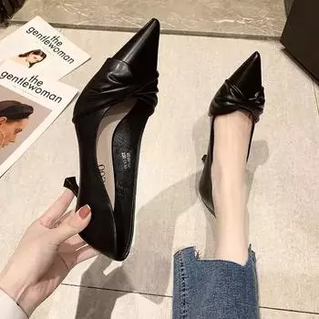 Fashion 2024 New Korean Fashion Shoes Middle Heel, Thin Heel, Pointed Head, Shallow Mouth, Single Shoes for Women 34 бежевый