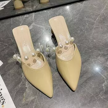 Fashion 2024 New Korean Style Pointed Women Slippers Fashion Pearl Comfortable Thick Heeled Slippers Shoes for Women Zapatos De Mujer 34 жёлтый