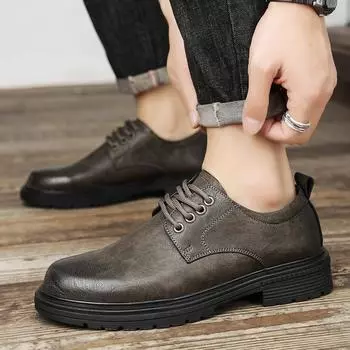 Fashion 2024 New Lace Up Cowhide Mountaineering Shoes Men Casual Work Shoes Men s Autumn and Winter Casual Leather Shoes Short Boots 38 хаки