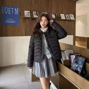 FASHION 2024 New lapel embossed down women s short fashion age-reducing small fragrant light cotton-padded women s cotton-padded Clothes M чёрный