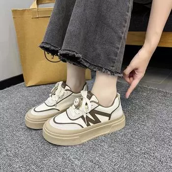 Fashion 2024 New Leather Women Autumn Thick Soled Ladies Chunky Sneakers Platform Fashion Breathability Solid Color Vulcanize Shoes 35 хаки