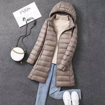FASHION 2024 new light thin down jacket women s medium long white duck down light thin jacket take-off hat Clothes M хаки