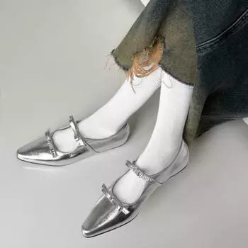 Fashion 2024 New Luxury Bowtie Mary Janes Women Pointed Toe Shiny Leather Flats Ballets Female Dance Party Ball Bridal Wedding Shoes 36 серебряный