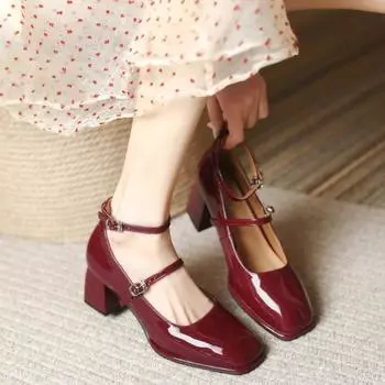Fashion 2024 New Mary Jane Shoes High Quality Leather Shoes Shallow Women s Pumps Square Toe Womens Sandals Buckle Strap Zapatos Mujer 35