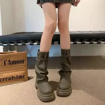 Fashion 2024 New Med Heel Boots Round Toe Luxury Designer Boots-Women Elegant Lolita Autumn Rock Ladies Fashion Ankle Solid Slip-On L 35 чёрный